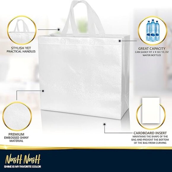White Gift Bags Large Size –Set of 12 Shiny White Reusable Gift Bags With Handle - Picture 4 of 5